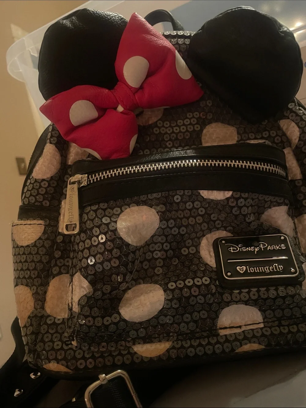 Loungefly Minnie Mouse Sequin Polka Dot Mini Backpack in Black, Red, White